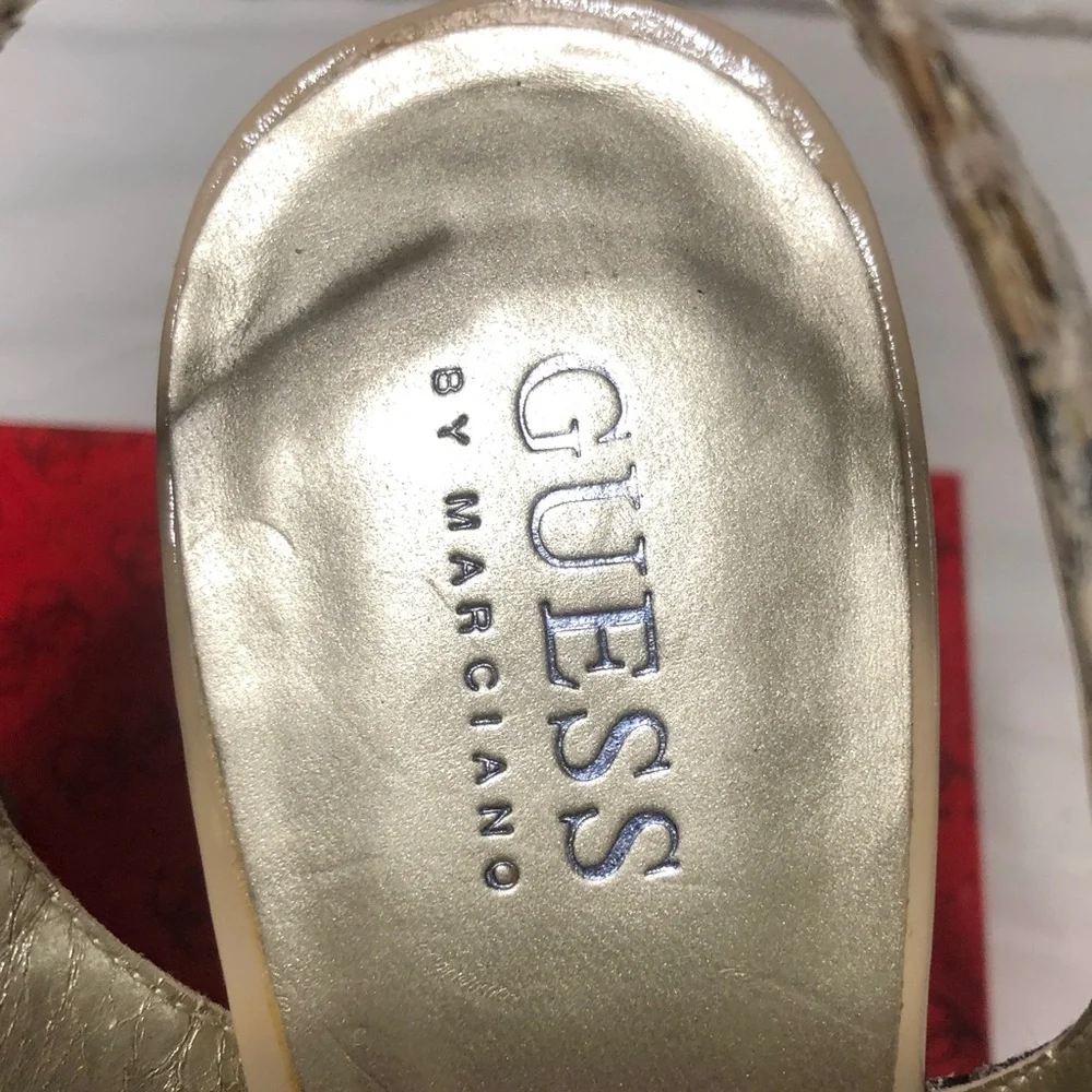 Guess by Marciano Snake-Print Peep Toe Slingback Heels in Cream, Black and Brown